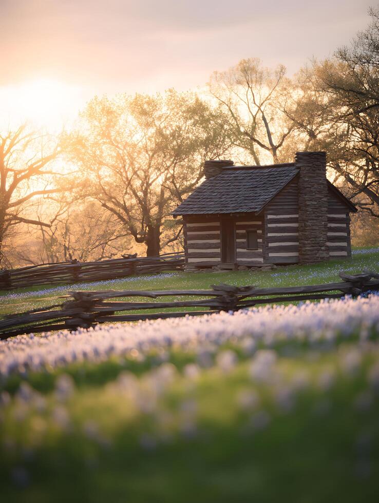 Log Cabin at Sunset with Wildflowers. A picturesque scene of a rustic log cabin nestled in a field of blooming wildflowers, bathed in the warm glow of the setting sun. photo