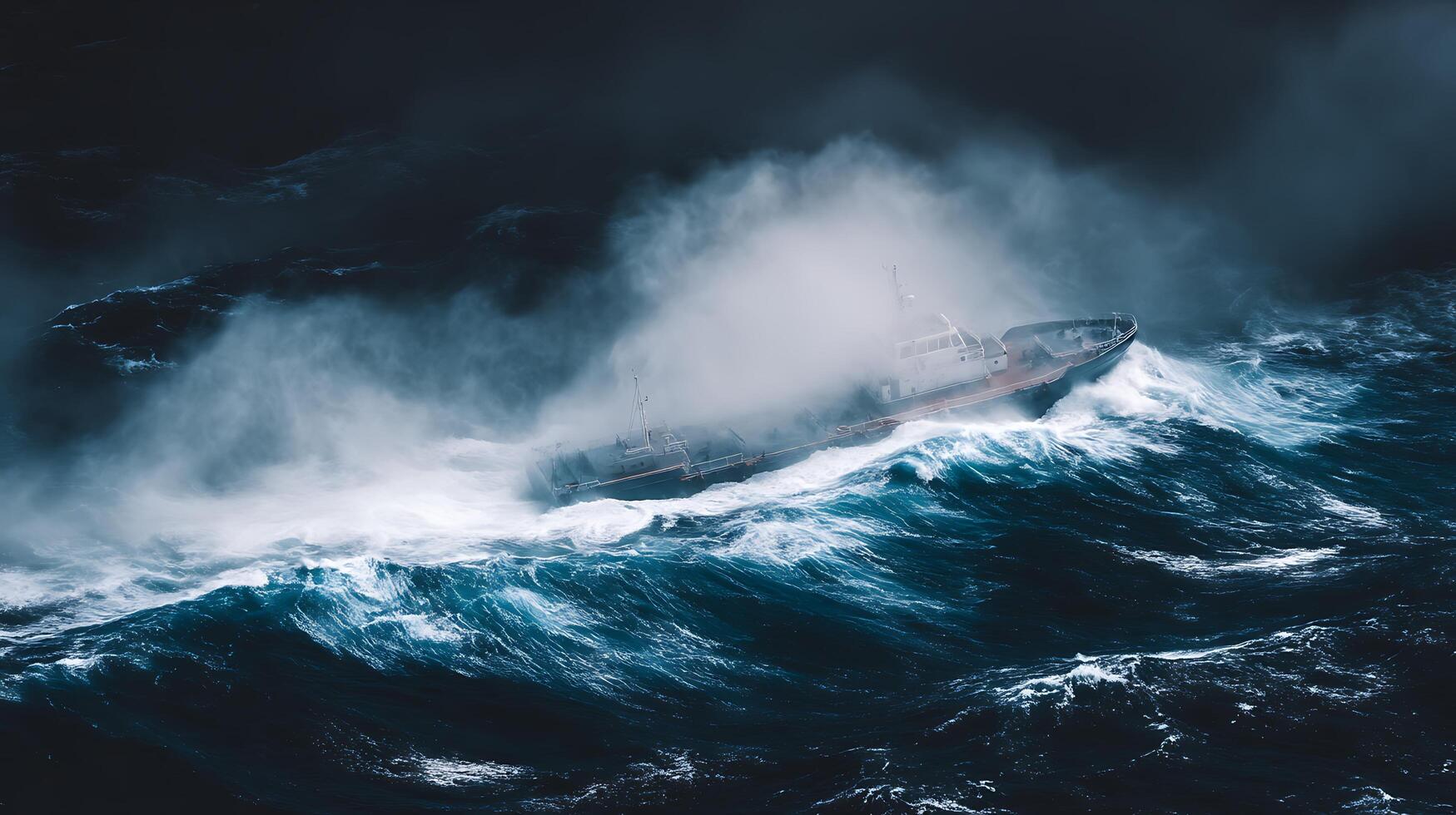 Ship Battling Massive Ocean Waves in a Storm. A dramatic aerial view of a vessel navigating perilous waters. photo