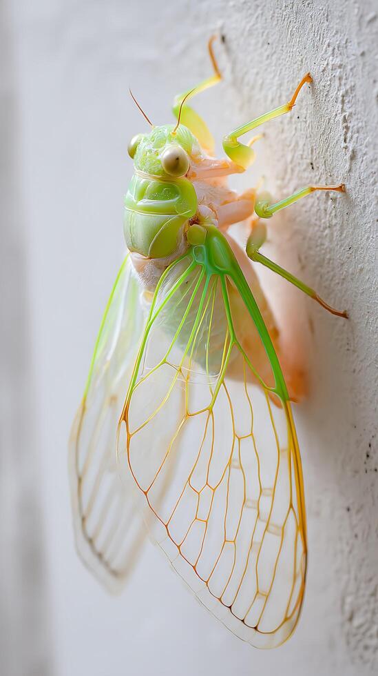 Close Up of a Newly Molted Cicada on a White Wall. A Detailed View of its Delicate Wings and Body. photo