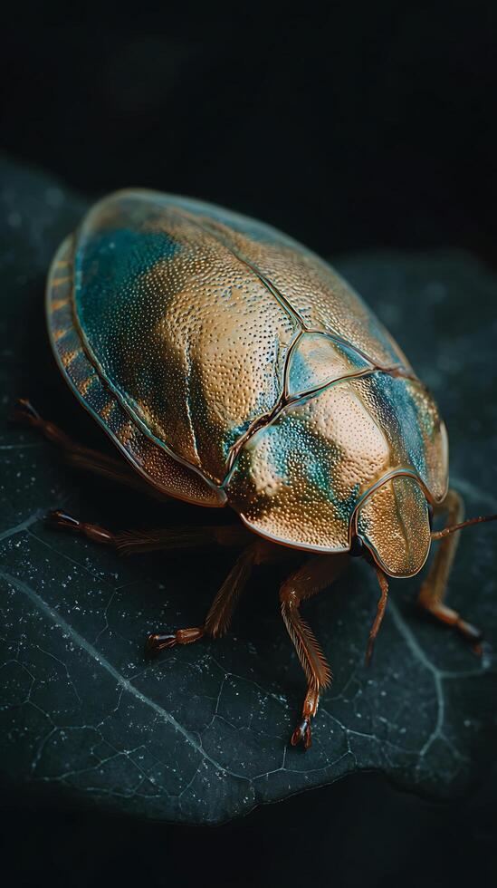 Close up of a Golden Jewel Bug on a Dark Leaf. A Detailed Macro Photograph of an Insect. photo
