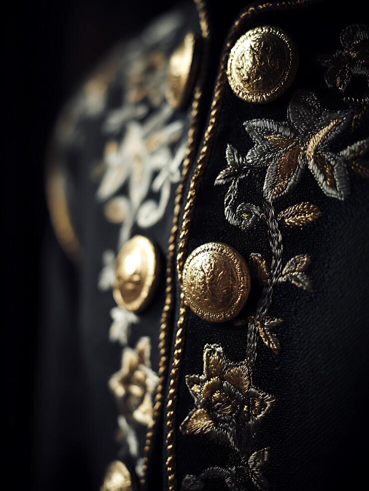 Close up of ornate gold buttons and embroidery on a dark garment. A detailed image showcasing luxurious textile craftsmanship. photo