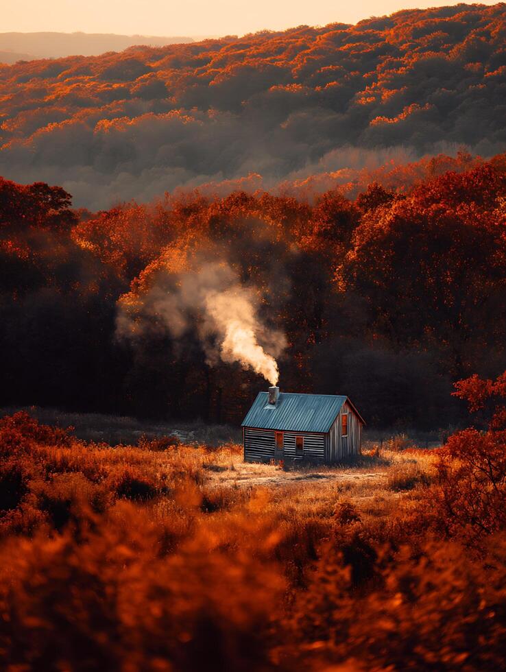 Autumnal Cabin in the Smoky Mountains at Sunrise. A picturesque log cabin nestled amongst vibrant fall foliage, emitting a wisp of smoke from its chimney. photo