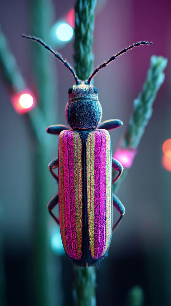 Vibrant Jewel Beetle Close Up on Plant Stem with Bokeh Lights. photo