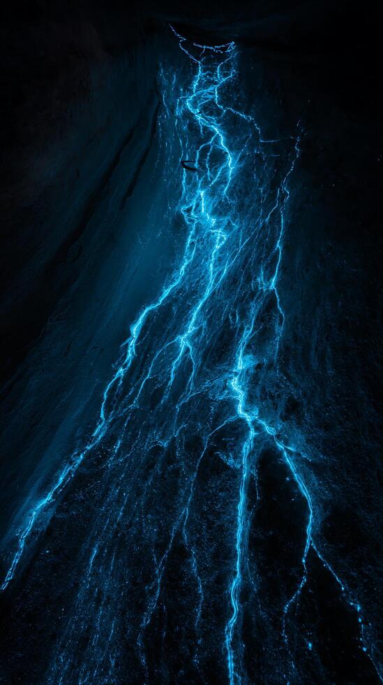 Abstract Blue Glowing Lines on Dark Background, Mystical Night Scene. photo