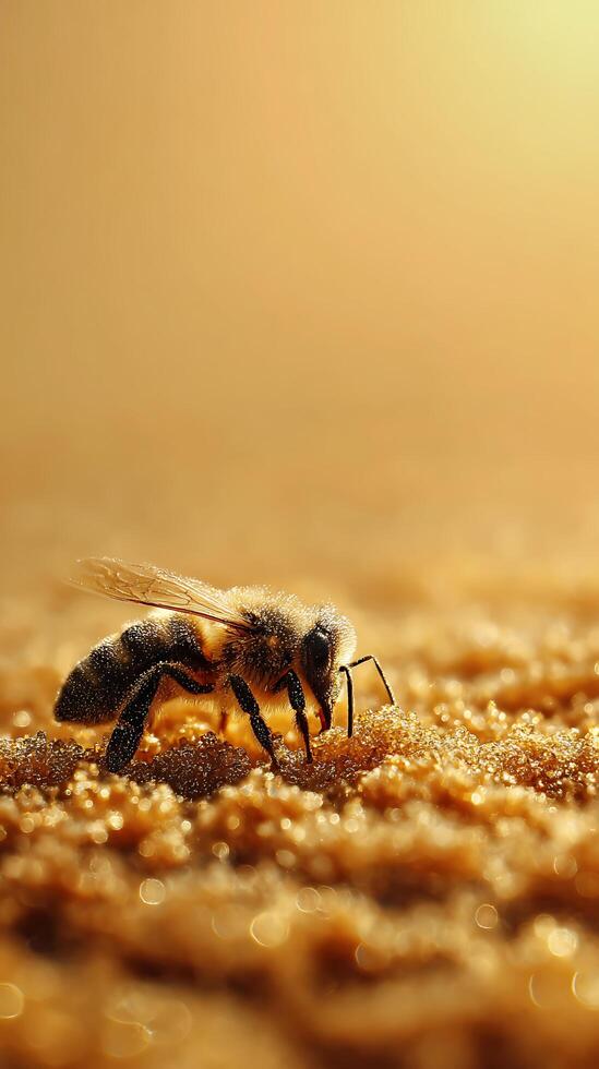Honeybee Close Up Golden Hour Macro Photography of a Bee on Pollen. photo