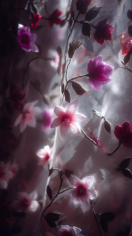 Close Up of Delicate Pink and White Flowers Embroidered on Sheer Fabric. photo