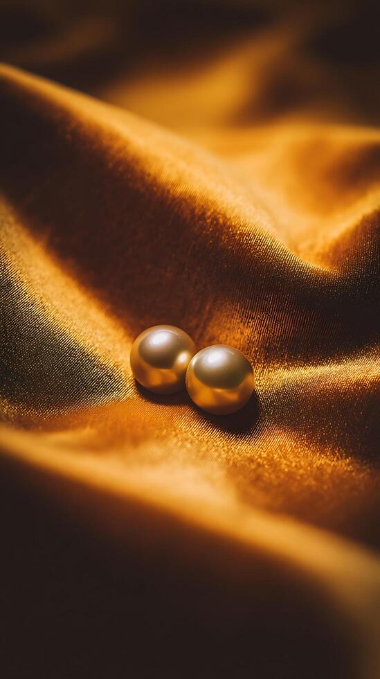 Golden Pearls on Luxurious Fabric Close Up of Elegant Jewelry. photo