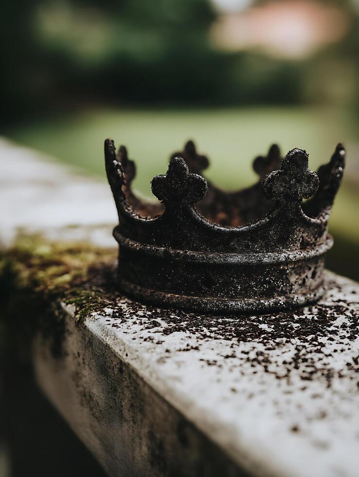 A weathered crown rests on a mossy stone wall, a symbolic image of lost royalty or forgotten glory. photo