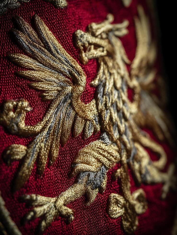Close up of Exquisite Gold and Silver Dragon Embroidery on Red Fabric. photo
