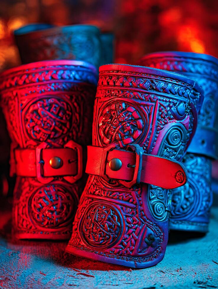 Intricate Leather Cups with Celtic Knotwork Designs Under Red and Blue Lighting. photo