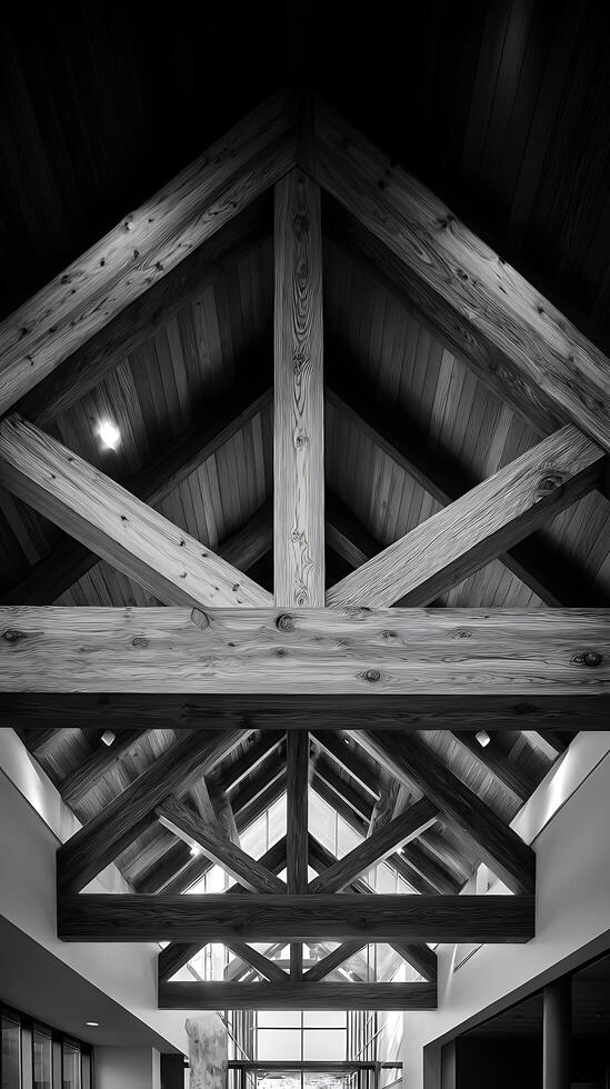 Architectural Detail Black and White Image of Exposed Wooden Beams in a Modern Building. photo
