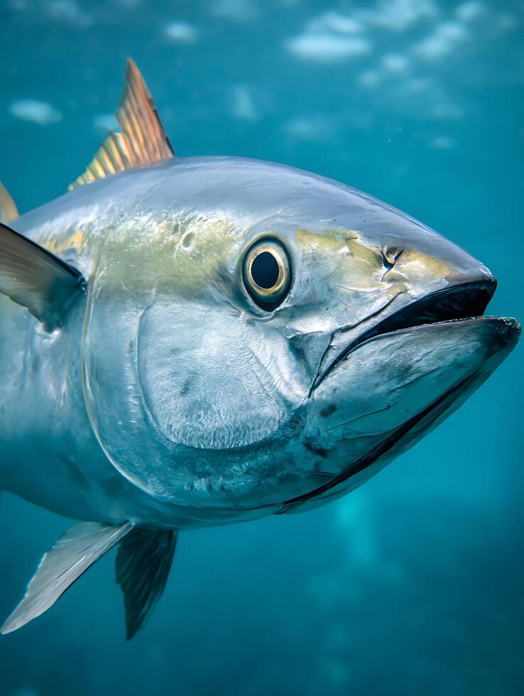 Close Up of a Tuna Swimming Underwater in the Ocean. A Detailed Image of a Fish's Head and Body. photo