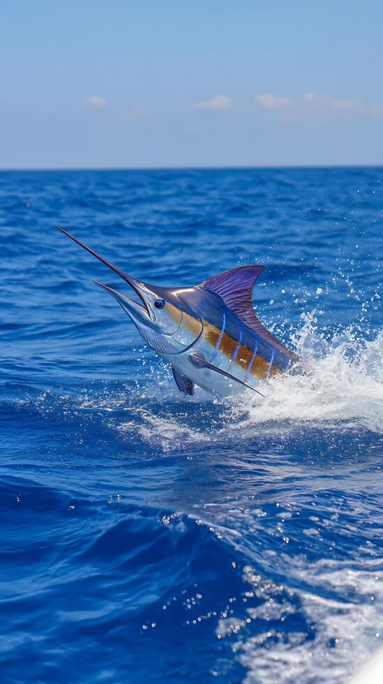 Striped Marlin Leaping from the Ocean A Stunning Action Shot. photo