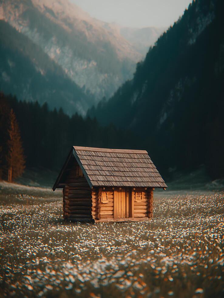 Secluded Wooden Cabin in a Mountain Meadow at Sunset. A picturesque log cabin sits amidst a field of wildflowers, with majestic mountains in the background. photo
