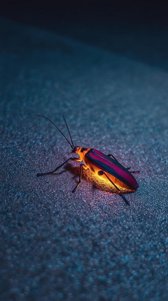 Luminous Insect Close Up A Glowing Beetle on a Textured Surface. photo