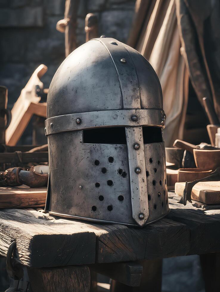 Medieval Knight's Helmet Resting on Rustic Wooden Table. A close up image of historical armor. photo