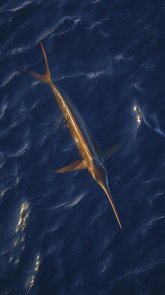 A lone sailfish glides through the deep blue ocean, sunlight reflecting off its body. photo