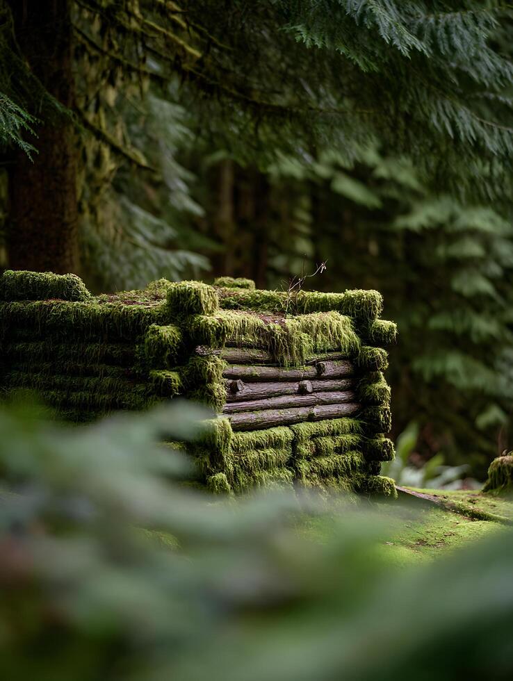 Moss Covered Log Cabin Structure in a Lush Forest. A close up image of an old log structure overtaken by moss in a tranquil forest setting. photo