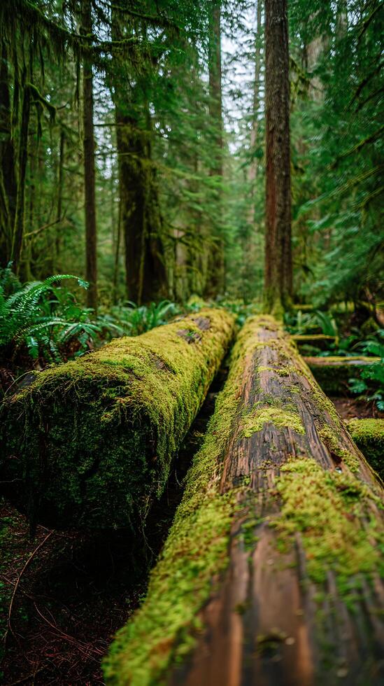 Moss Covered Logs in a Lush Green Forest. A close up view of fallen trees covered in vibrant green moss within a temperate rainforest. photo