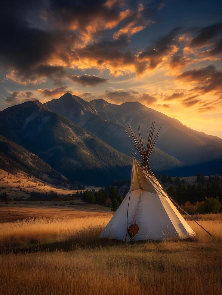 Teepee at Sunset in the Mountains. A breathtaking landscape image featuring a traditional teepee silhouetted against a vibrant sunset sky. photo