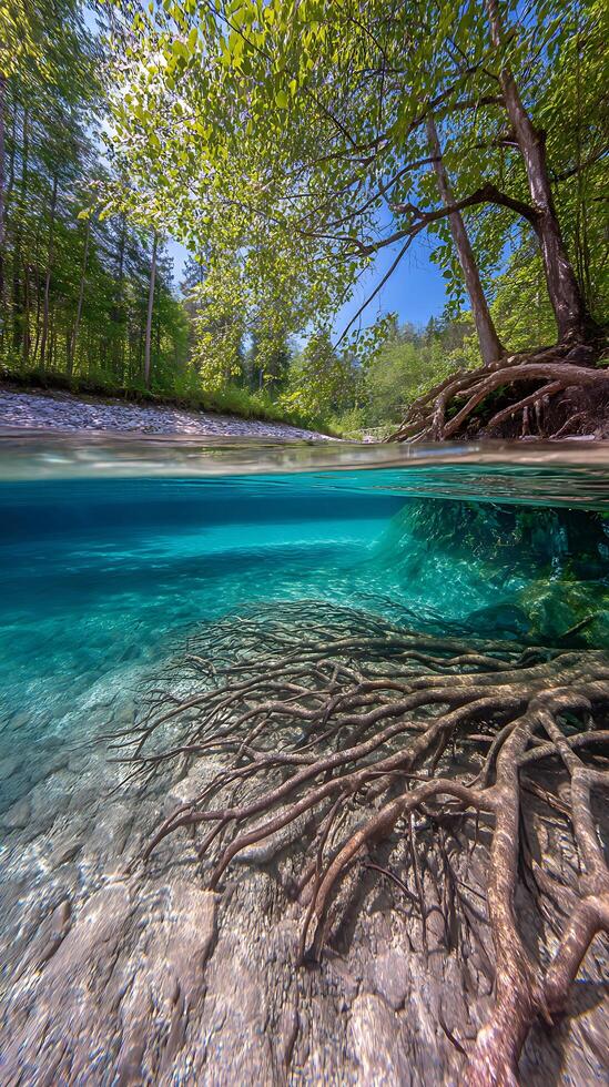 Underwater and Above Water View of Tree Roots in a Crystal Clear River. photo