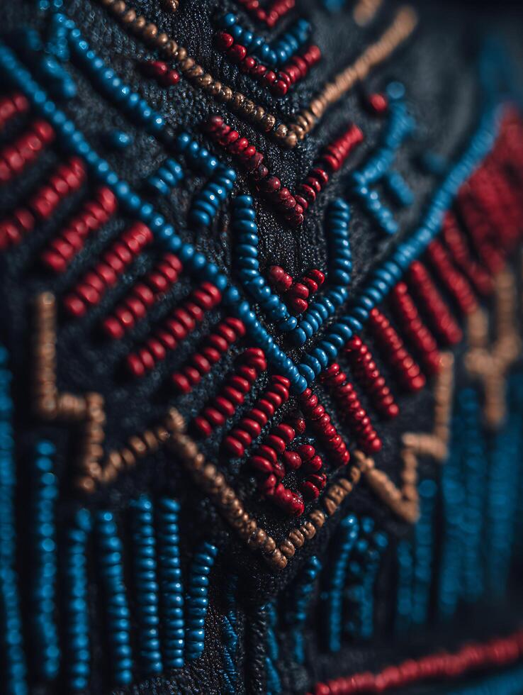 Close up of intricate beaded textile with red, blue, and gold accents. A detailed image showcasing colorful beadwork. photo