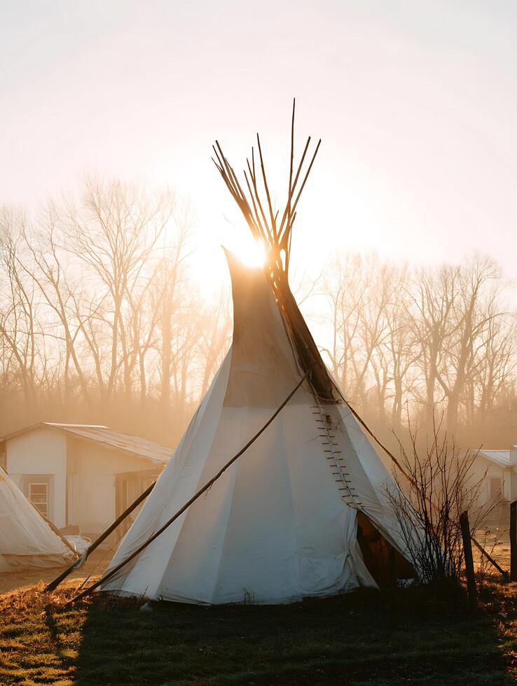 Teepee at Sunrise A Native American dwelling bathed in golden light. photo