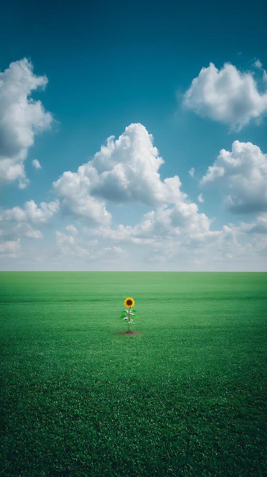 Single Sunflower in a Vast Green Field Under a Blue Sky with Fluffy Clouds. photo