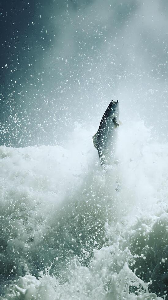 Salmon leaping from the ocean waves, dramatic nature scene. photo