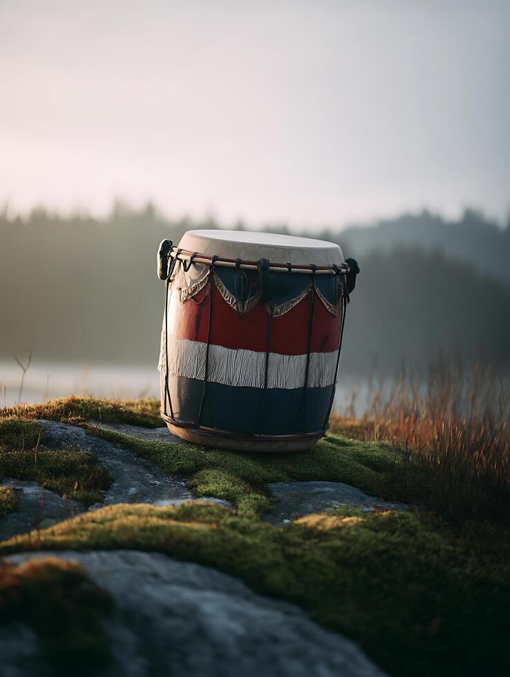 Ornate Drum Resting on Mossy Rock in Serene Landscape. photo