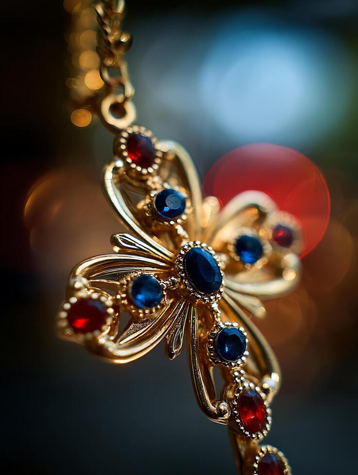 Close up of a Gold Butterfly Pendant with Red and Blue Gemstones. The intricate detail of the jewelry is highlighted against a blurred background. photo