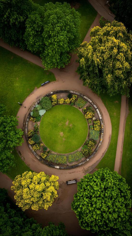 Aerial View of a Circular Garden with Lush Greenery and Benches. photo