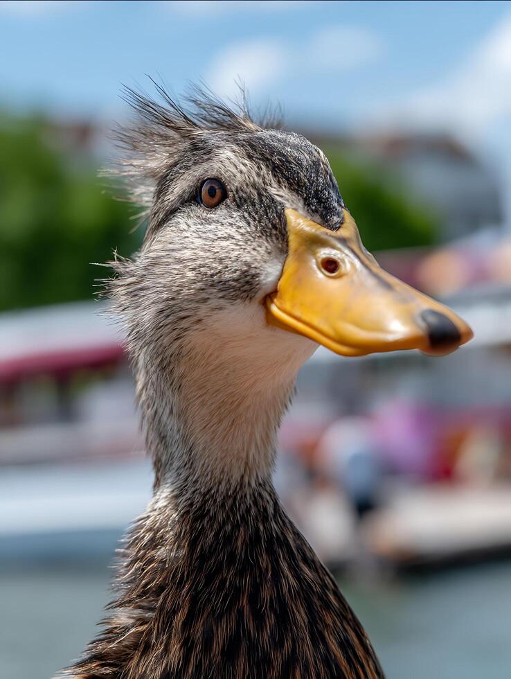 Close up portrait of a female Mallard duck with ruffled feathers, outdoors. photo