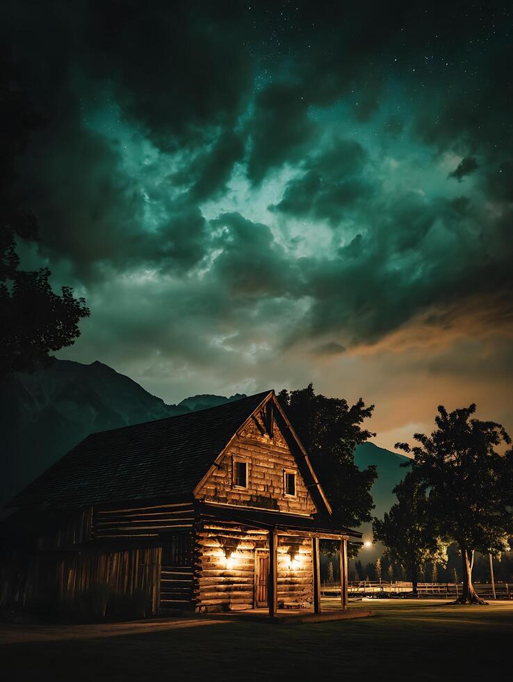 Illuminated Log Cabin at Night Under a Dramatic Sky. A rustic wooden cabin glows warmly against a backdrop of dark teal clouds and distant mountains. photo