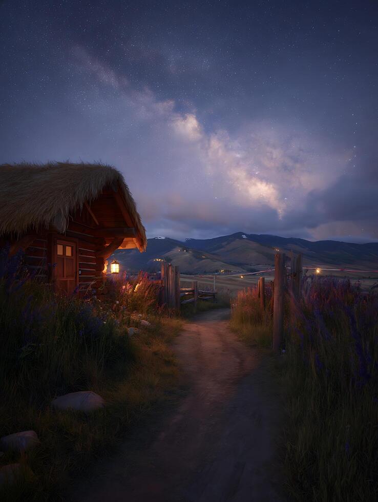 Night scene of a rustic cabin under a starry sky, illuminated path leading to it. photo