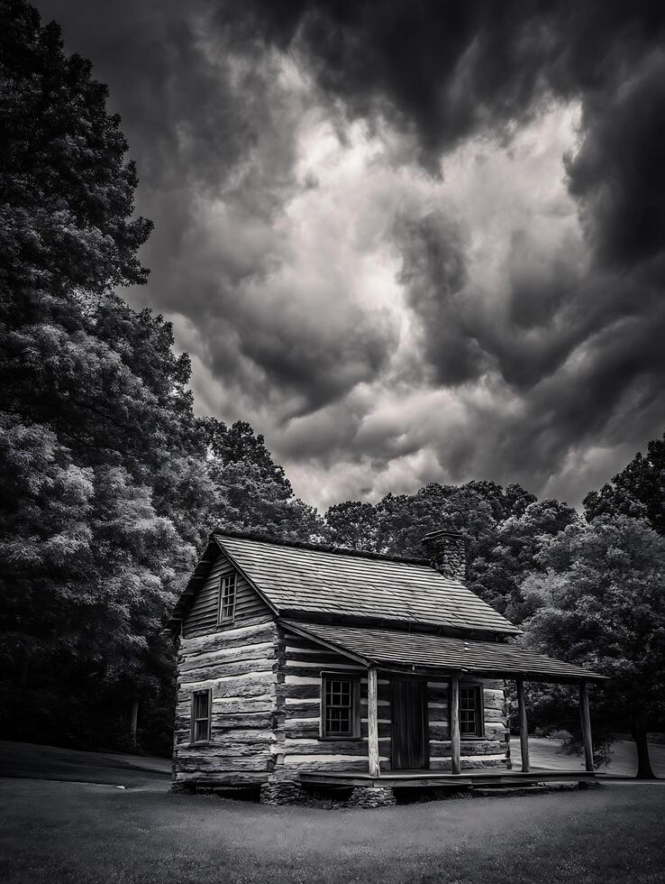 Rustic Log Cabin Under a Dramatic Stormy Sky Black and White Photography. photo