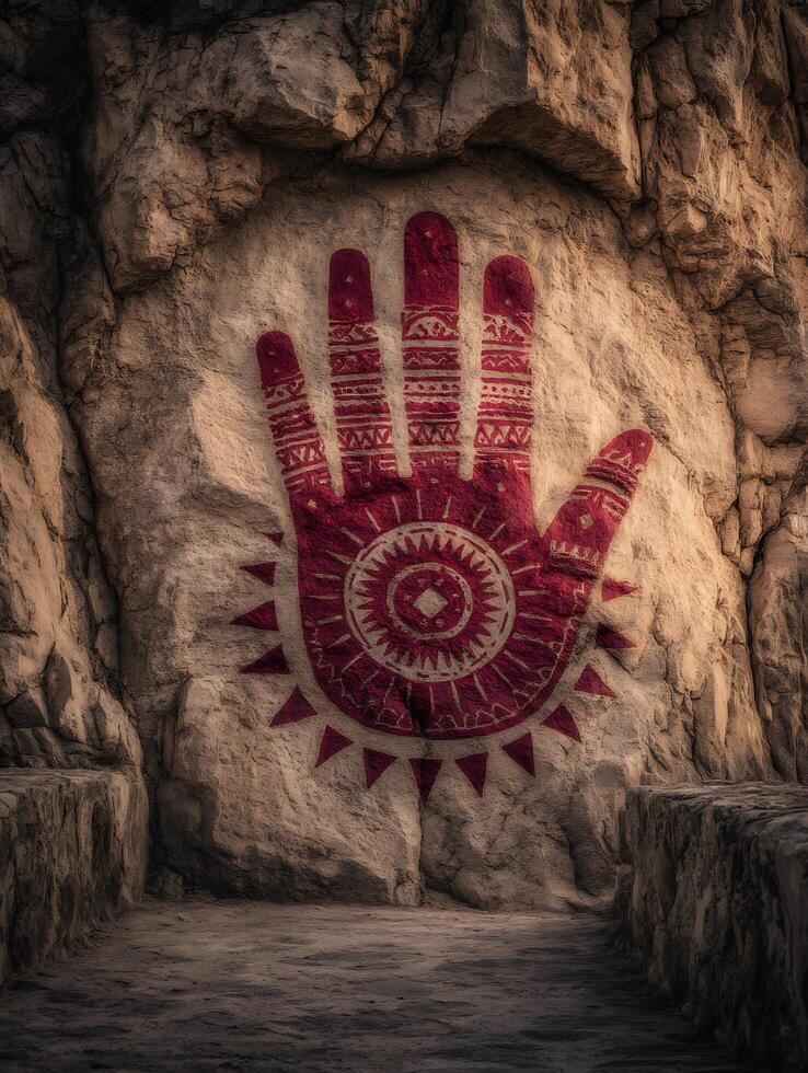 Ancient Handprint Symbol on Rock Face A Mystical Cave Entrance. photo