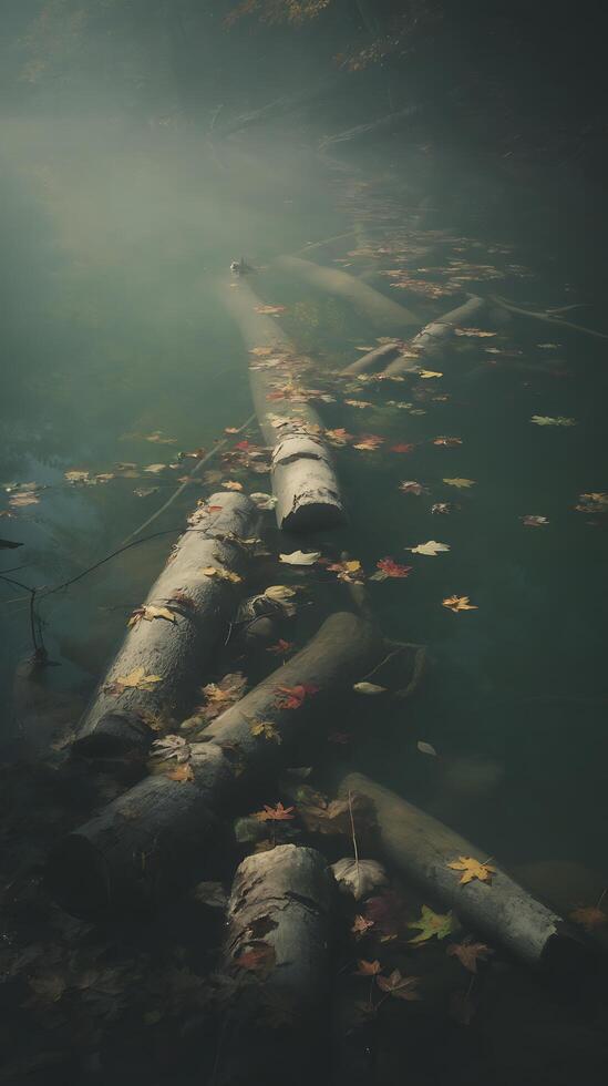 Submerged Logs and Autumn Leaves in Misty Water. A serene autumnal scene. photo