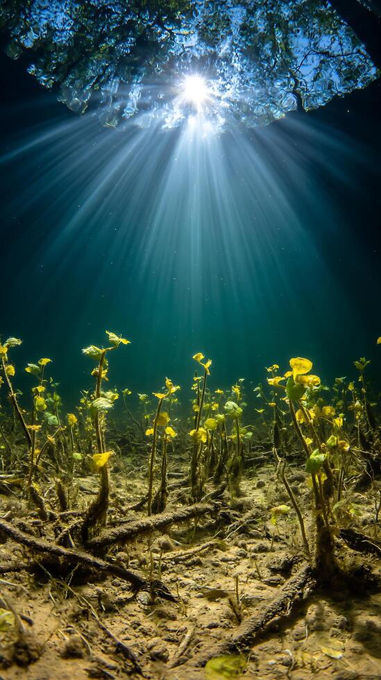 Underwater Sunbeams Illuminate Aquatic Plants on Lakebed. photo