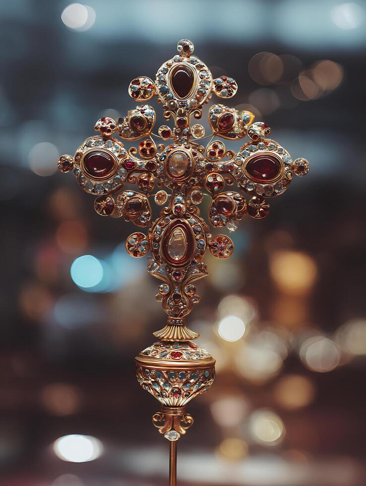 Ornate Jeweled Cross A Close Up of Exquisite Religious Artifact. photo