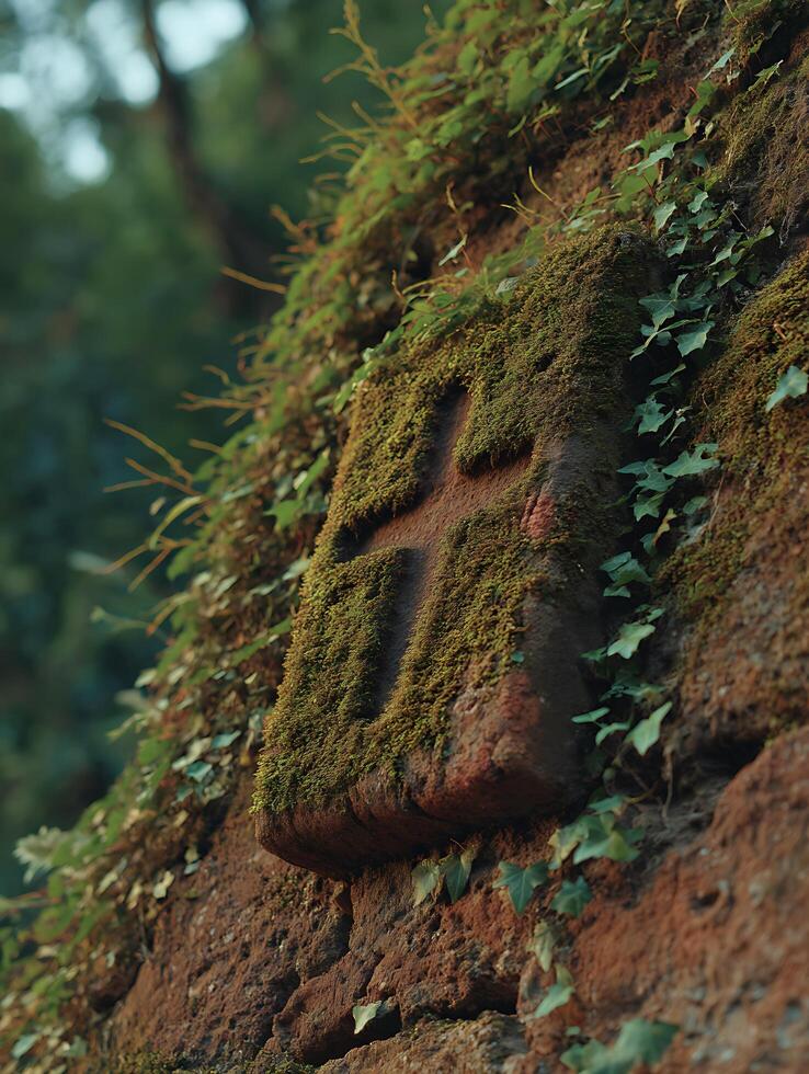 Mossy Stone Cross Embedded in a Forest Wall. photo