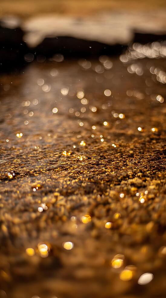 Golden Hour Water Reflections Abstract Close Up of Shimmering Water and Pebbles. photo