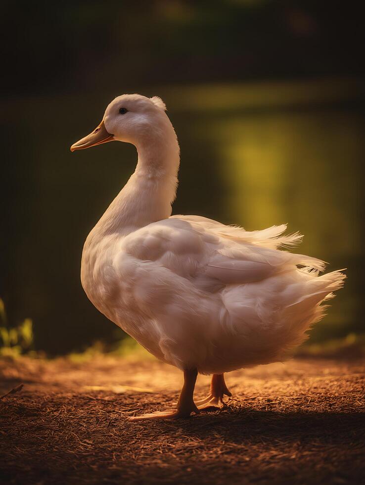 Majestic White Duck at Golden Hour A Close Up Portrait. photo
