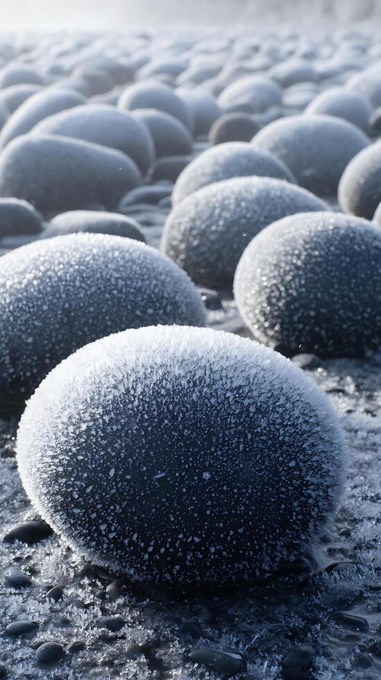 Frost Covered Pebbles on a Winter Shore Close Up of Icy Rock Formations. photo