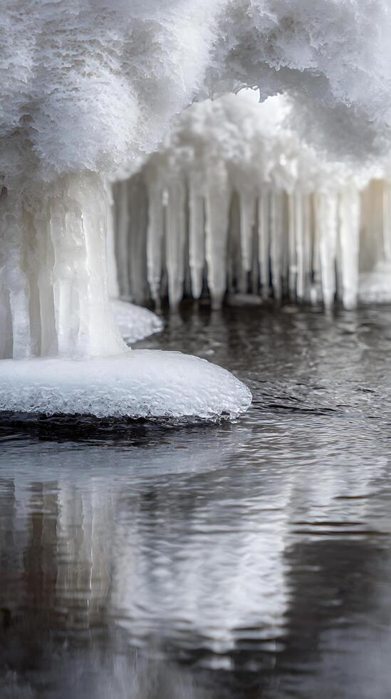 Icy formations reflected in dark water. A close up view of ice structures hanging over a stream. photo