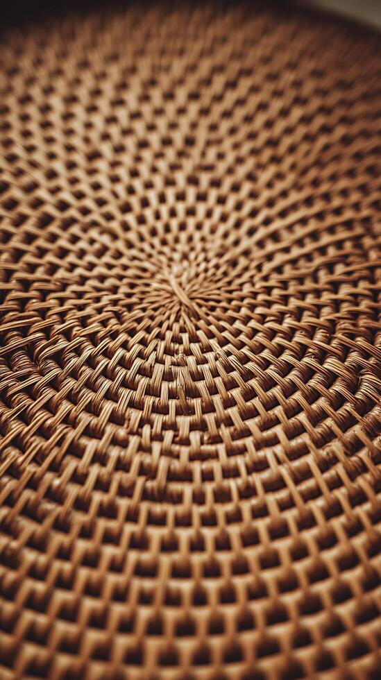 Intricate Woven Texture Close Up of a Circular Rattan Pattern. photo