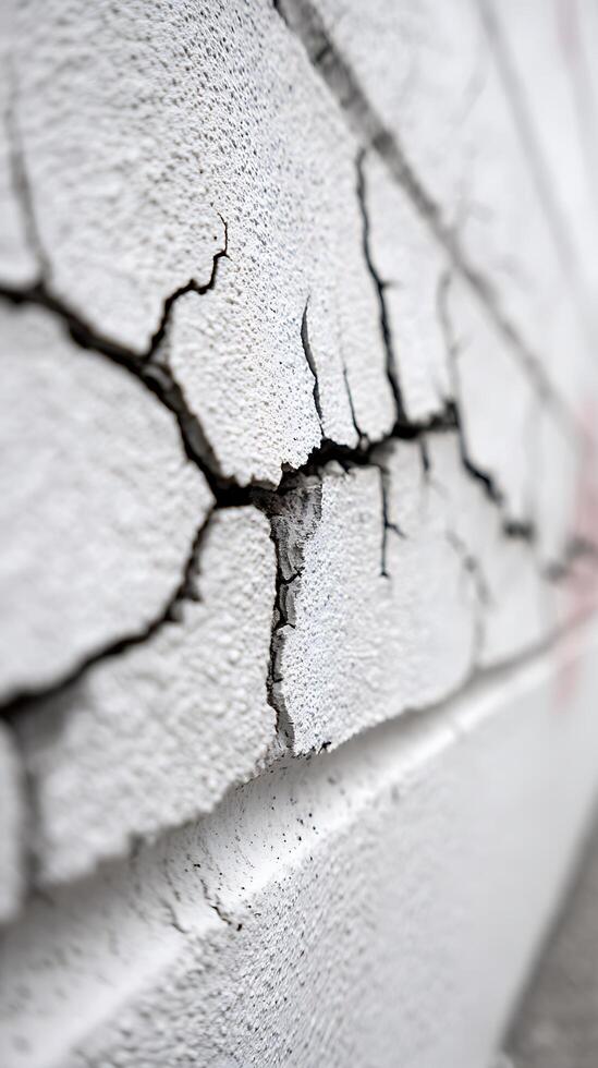Close up of Cracked White Brick Wall Texture. A Detailed Look at Aged Masonry. photo
