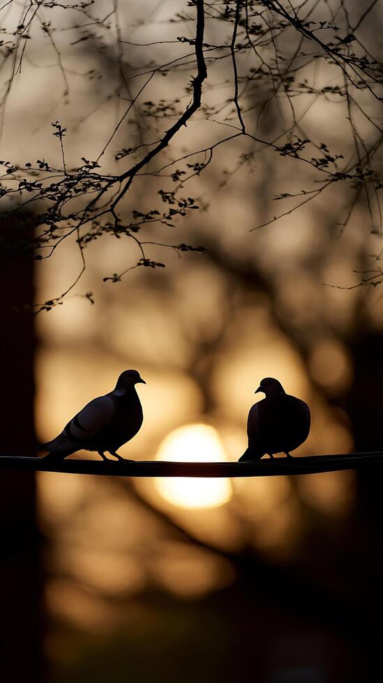 Silhouetted Pigeons at Sunset on a Wire. Two birds perched against a vibrant sunset. photo