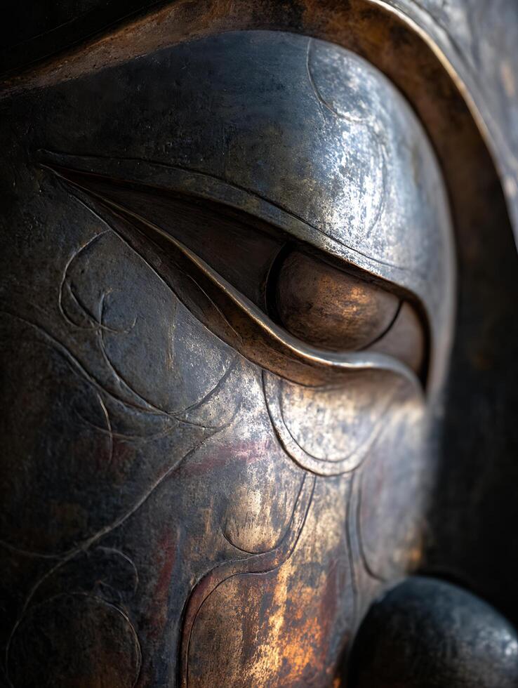 Close Up of an Ancient Bronze Statue's Eye, Intricate Detail and Patina. photo