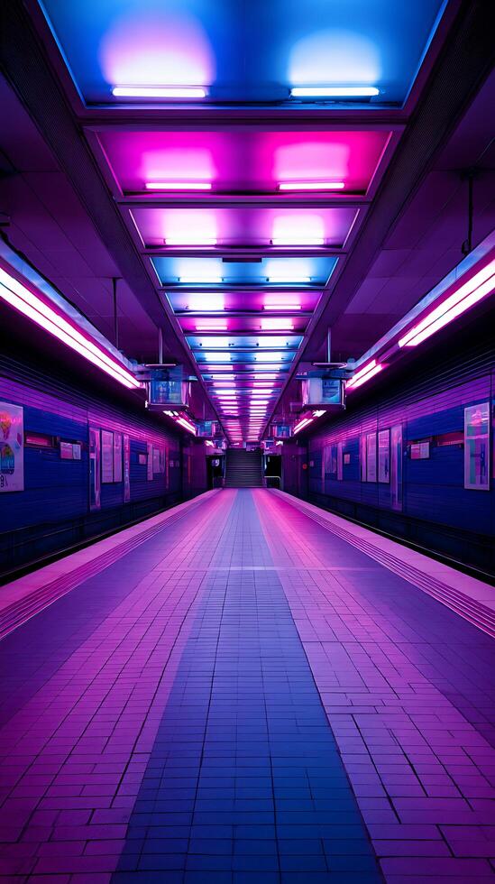 Vibrant Pink and Blue Neon Lights Illuminate Subway Platform. photo